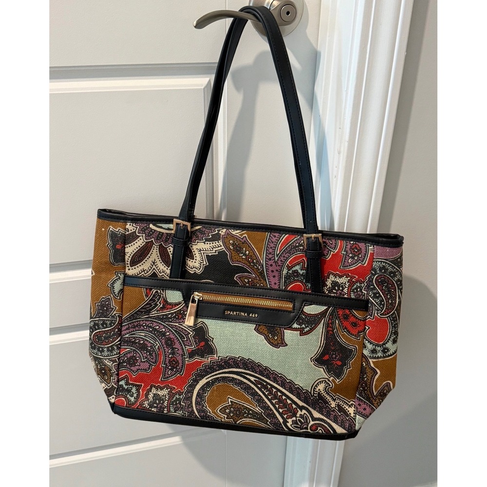 Spartina 449 Paisley Linen Leather Trim Tote Bag Daufuskie Island Multi Color